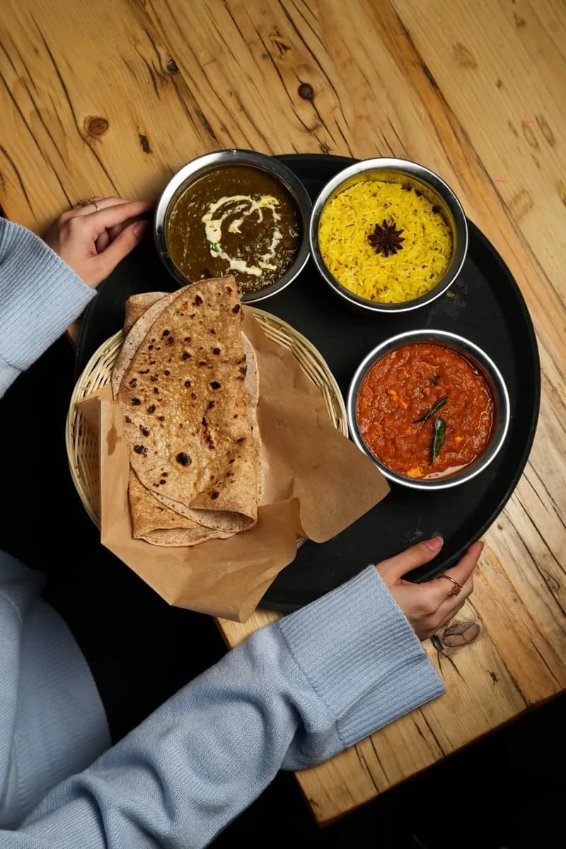 Saag Paneer and Chicken Chettinad with pilau rice and chapatis